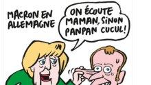 Меркел към Макрон: Слушай мама, иначе ще има на-на, в карикатура на Шарли Ебдо