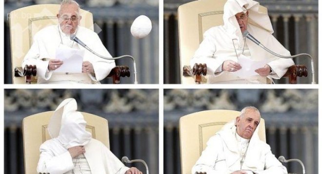 Силен вятър издуха шапката на папата на площад Свети Петър