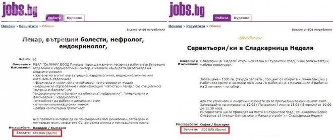 Тъжната българска реалност в обявите за работа: Лекарят взима 680 лева, сервитьорът - 1500 лева!