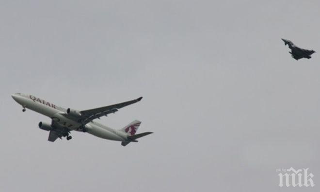 Бомбена тревога с катарски самолет над Англия! Изтребители го съпровождат!