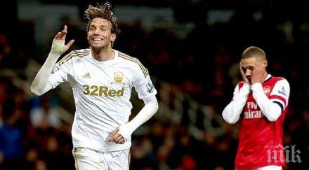 суонзи шокира арсенал обрат изпревари лондончани висшата лига