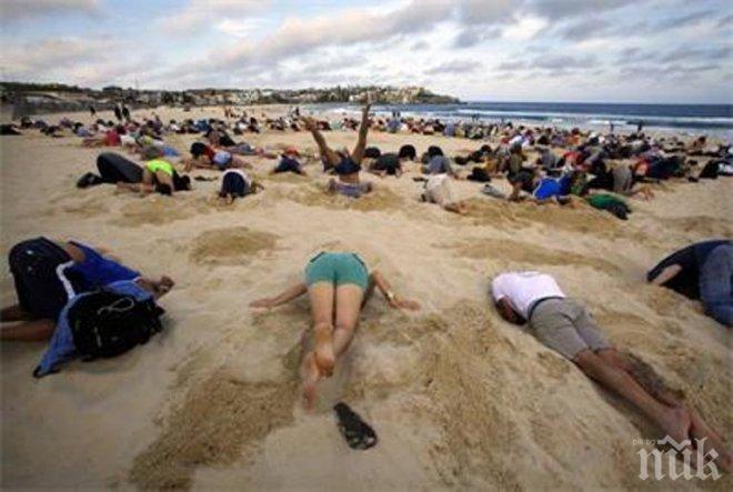 Шоу! Австралийци протестират, имитирайки щрауси - със заровени в пясъка глави