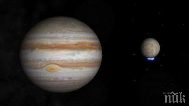 Заснеха срещата на три луни пред диска на Юпитер