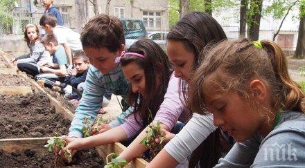 ученици засаждат първата биоградинка училищен двор