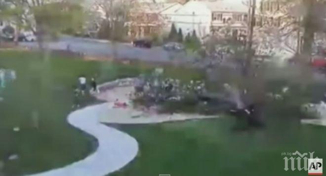 Кошмар! Огромно дърво се сгромоляса върху детска площадка (видео)