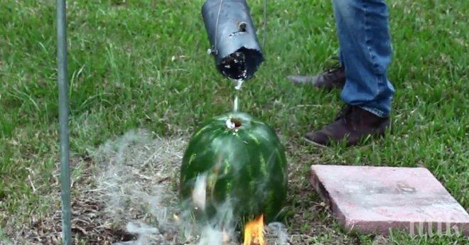 Той излива разтопен алуминий върху динята. Причината? Нещо ефектно, което ще искаш да опиташ и ти!