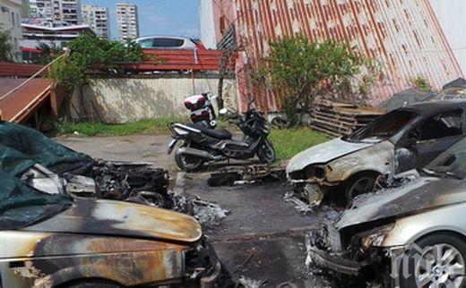 Умишлено подпалено БМВ предизвикало пожара на бургаския паркинг, при който изгоряха още четири коли и мотор
