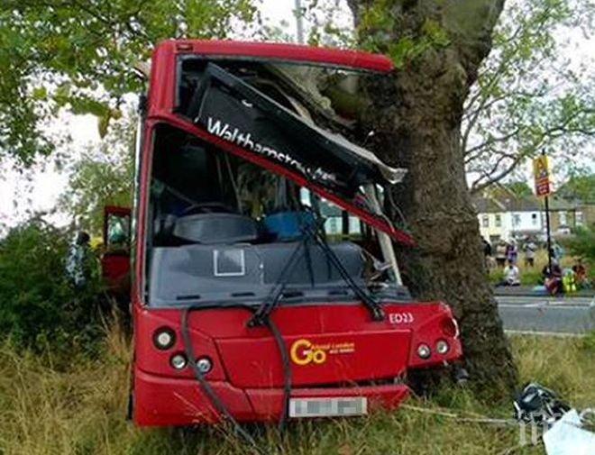 Автобус се заби в дърво в Лондон, 10 души са в болница (снимки)