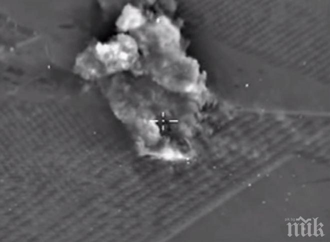 ВОЙНАТА СТАВА ВСЕ ПО-ЖЕСТОКА! Руските бомбардировачи разбиха склад за гориво и команден пункт на Ислямска държава, вижте мощната атака (видео)