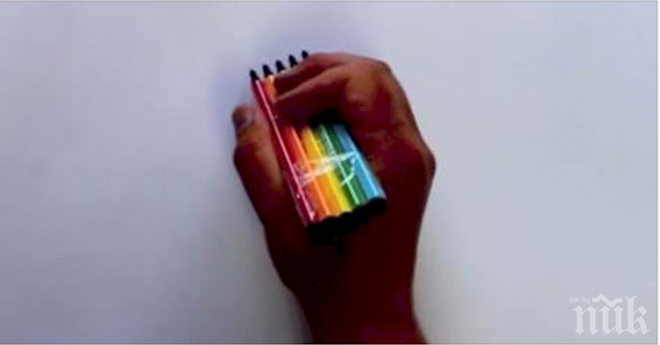 Той взе 5 цветни маркера и започна едновременно да рисува с тях, резултатът беше много красив!