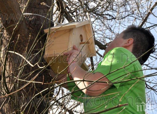 Кметът на Хасково, заедно с деца, монтира къщички за птички в Градската градина