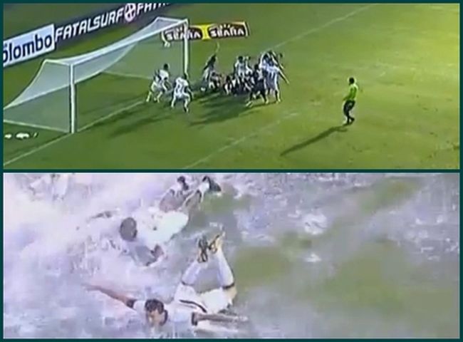 3 в 1 по време на мач в Бразилия: Футбол, ръгби и плуване (видео)