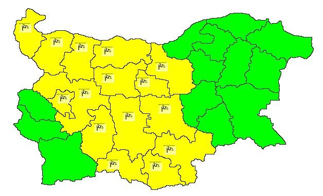 Обявиха жълт код за 15 области в четвъртък