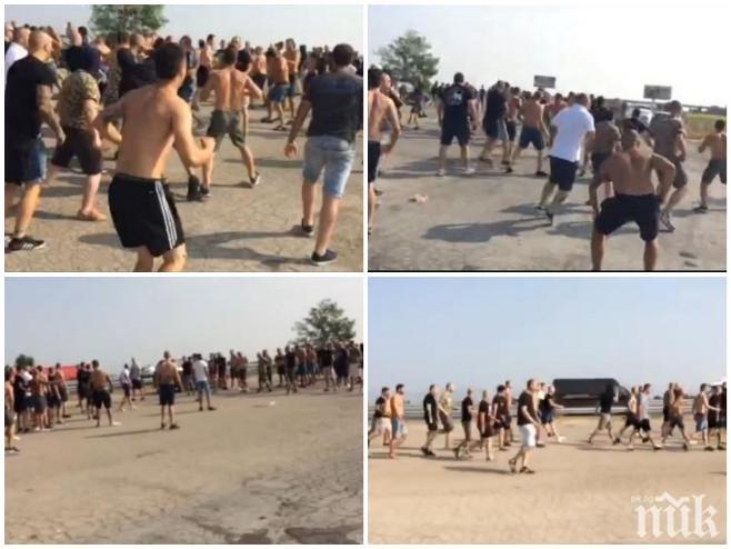 ЕКСКЛУЗИВНО ВИДЕО! Вижте зверското меле между пловдивски ултраси на магистрала Тракия