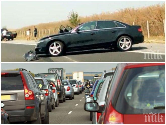 ПЪРВО В ПИК! Ад на магистрала Тракия - верижно меле образува двучасова тапа в жегата