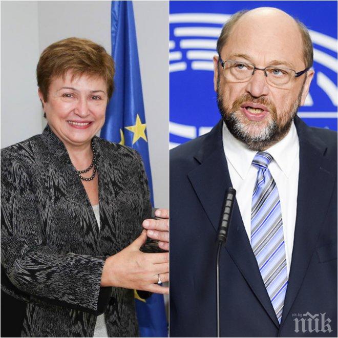 Председателят на ЕП Мартин Шулц хвали Кристалина Георгиева, но отчита, че е в трудна ситуация