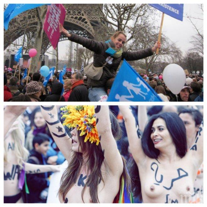 Десетки хиляди на протест в Париж срещу гей браковете, Femen се опитаха да ги спрат