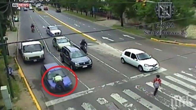 Буйна шофьорка качи катаджия на предния капак и го вози 400 метра (ВИДЕО)