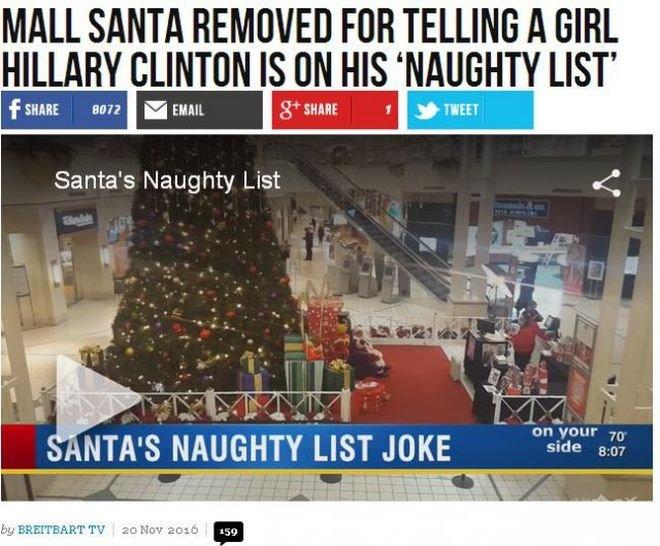 Уволниха дядо Коледа заради Хилари Клинтън - казал, че е непослушна