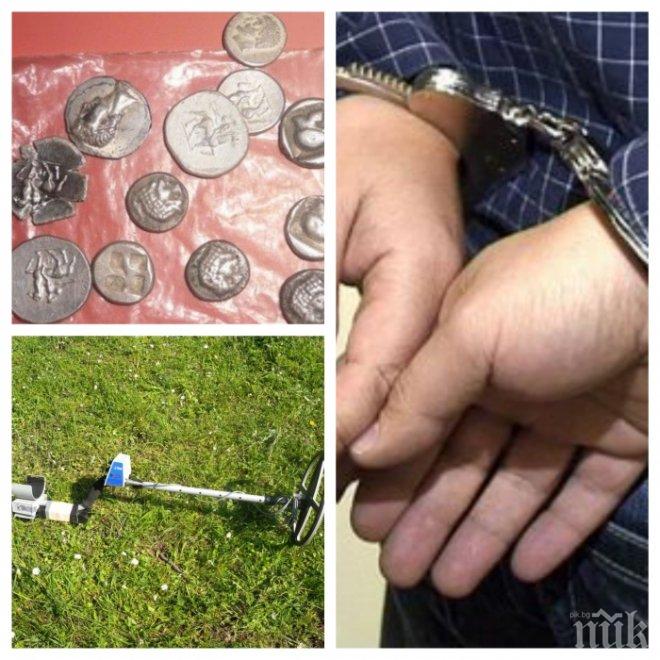 СПЕЦАКЦИЯ: ГДБОП арестува банда иманяри със стотици ценни антични предмети! Сред тях и византийски, тракийски и сребърни римски монети 