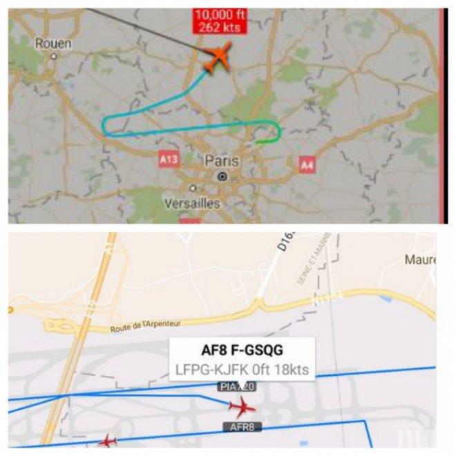 ИЗВЪНРЕДНО: Самолет, изпълняващ курс Париж-Ню Йорк обяви извънредна ситуация и се връща във Франция