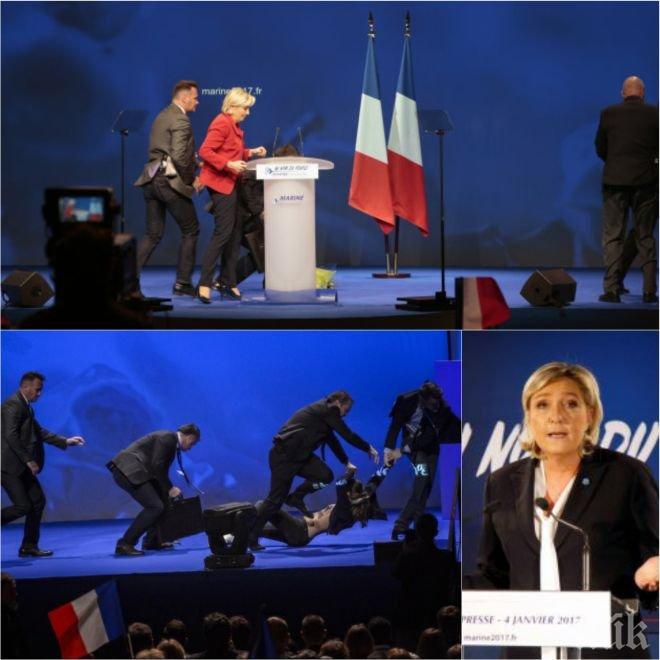 ШОУ! Разюздана французойка нападна Марин Льо Пен с голи гърди! (ВИДЕО)
