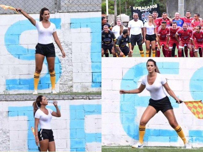 СНИМКИ И ВИДЕО 18+! Очите на футболистите изпаднаха - знойна съдийка побърква без сутиен 