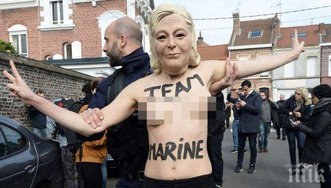 Топлес демонстрантки атакуваха избирателната секция на Марин Льо Пен 