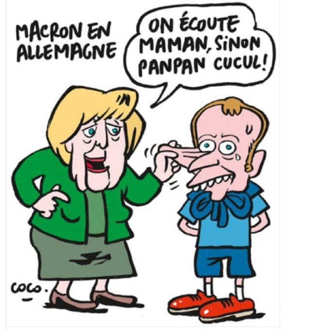 Меркел към Макрон: Слушай мама, иначе ще има на-на, в карикатура на Шарли Ебдо