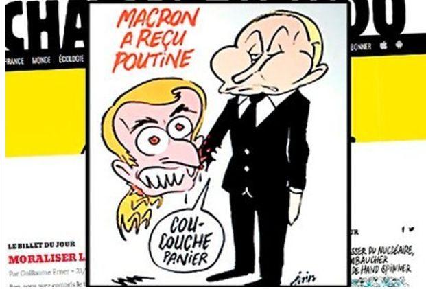 „Шарли Ебдо” коментира в типичен стил срещата на Еманюел Макрон и Владимир Путин във Франция
