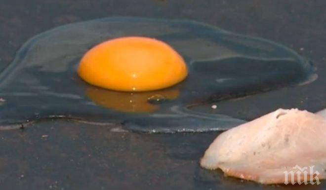 АДСКА ЖЕГА! Изпържиха яйце и бекон върху метална дига във Видин