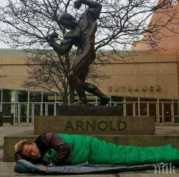 Арнолд Шварценегер остана без подслон, спа пред статуята си (СНИМКА)