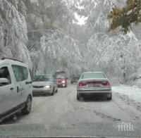 ИЗВЪНРЕДНО! Шофьори с летни гуми затънаха в Петрохан! Снегът покри пътя!
