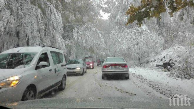 ИЗВЪНРЕДНО! Шофьори с летни гуми затънаха в Петрохан! Снегът покри пътя!
