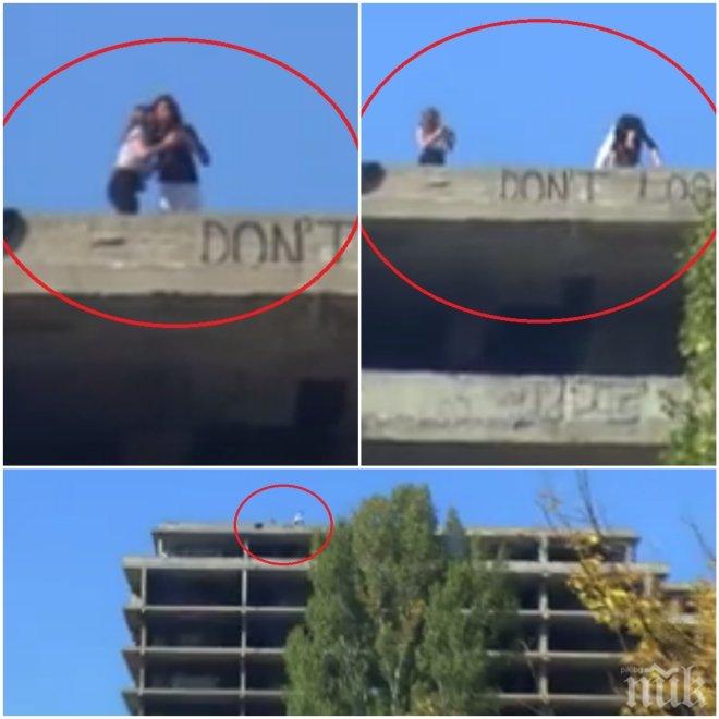 БРУТАЛНО СЕЛФИ! Щерката на Киро Скалата се чепи на върха на фатална сграда (ВИДЕО)