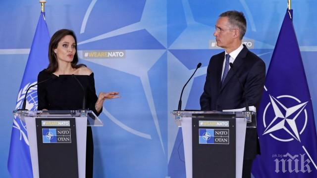 НАТО срещу насилието над жените, Джоли заголи рамо в централата на пакта