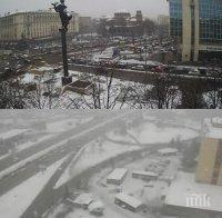 ЕКСКЛУЗИВНО В ПИК! Адски задръствания в София! Снегът предизвика километрични тапи. Улиците са в лед, колите се пързалят (СНИМКИ)