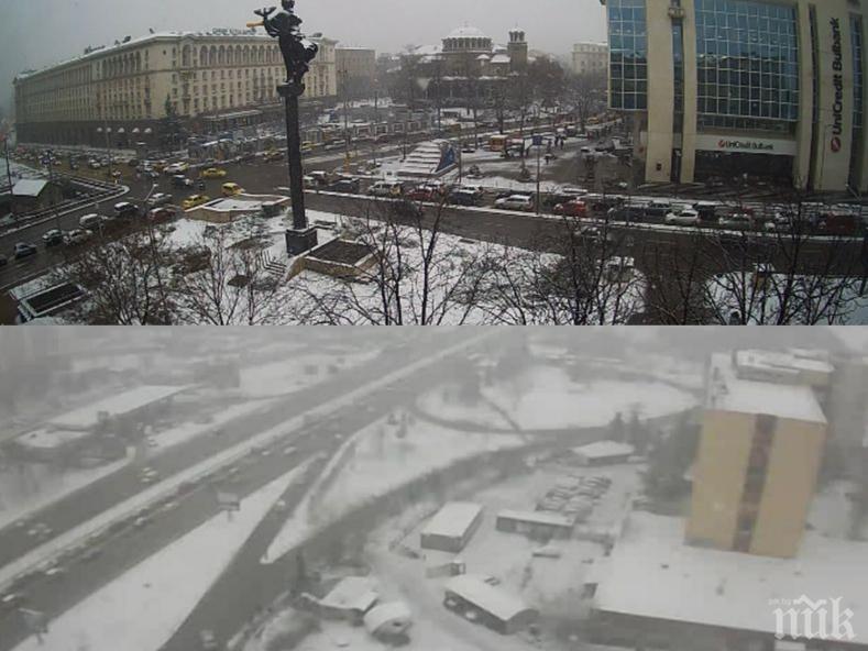 ЕКСКЛУЗИВНО В ПИК! Адски задръствания в София! Снегът предизвика километрични тапи. Улиците са в лед, колите се пързалят (СНИМКИ)