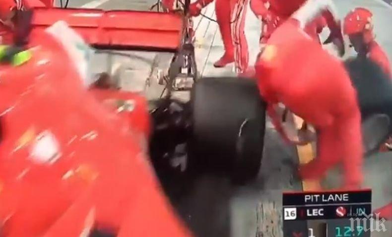 Инцидент! Пилотът на „Ферари“ Кими Райконен счупи крака на механик по време на Гран при на Бахрейн