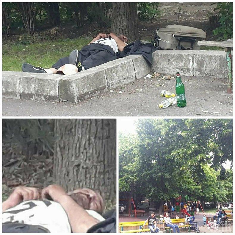 Мъртвопиян несретник спи в парк под носа на МВР в Бургас, шокира майки и деца 