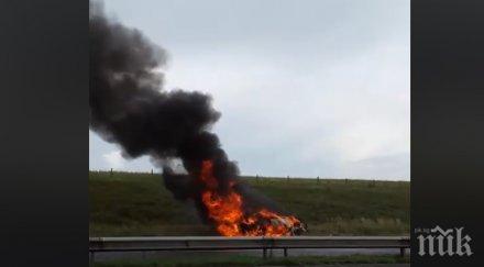 тежка катастрофа кола обърна таван пламна тракия снимка видео