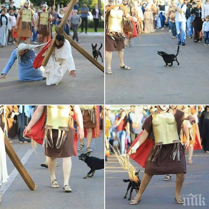 ЧУДО: Куче се нахвърли срещу войник, бичуващ Исус Христос по време на представление