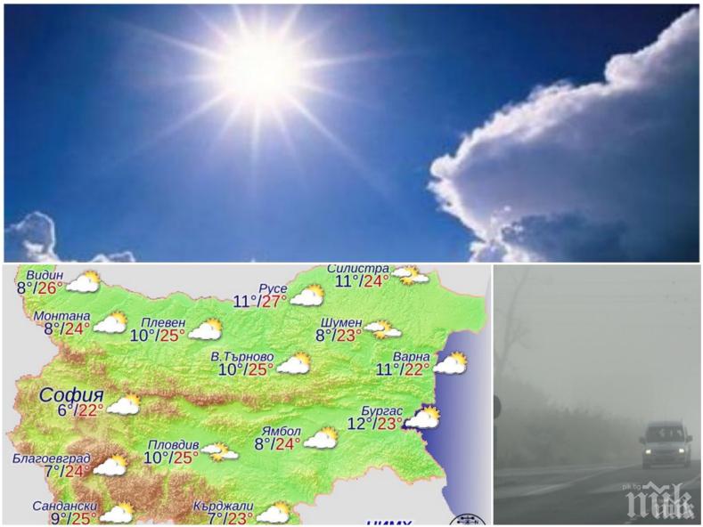 ИСТИНСКА ПРОЛЕТ: Днес ще е слънчево - живакът скача до 27 градуса! Сутрешна мъгла пречи на шофьорите (КАРТА)