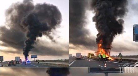 извънредно тир гуми пламна тракия затвориха магистралата тапата огромна снимки