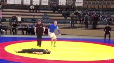 шокиращо видео строшиха врата борец време турнир
