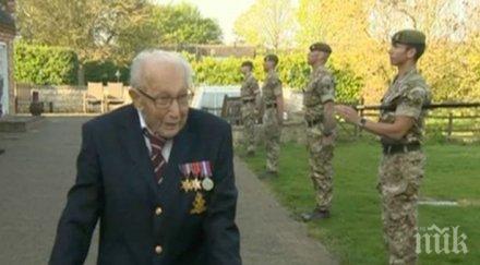 любимецът великобритания 100 годишният капитан том мур стана рицар
