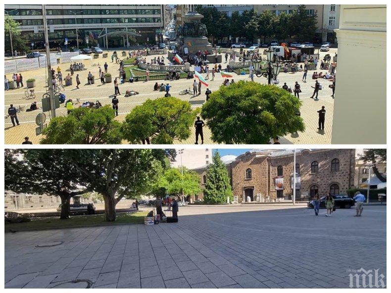 ПЪЛНО ФИАСКО! Протестиращи разпънаха хавлии и чадъри, пият си бирата на жълтите павета - нямат и 50 души, но блокират движението на хиляди столичани (СНИМКИ)