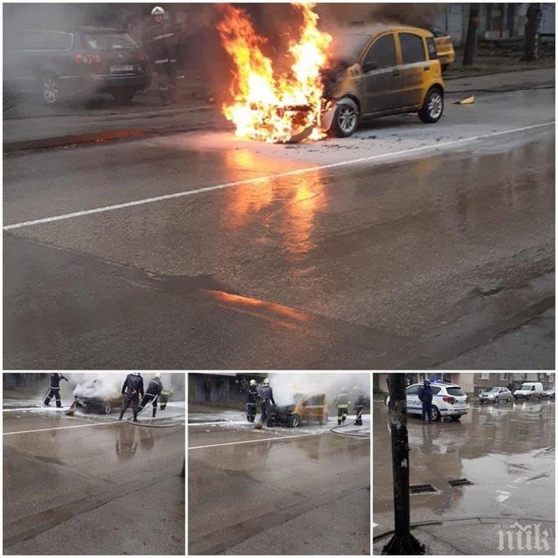 УЖАСЯВАЩО ЗРЕЛИЩЕ: Такси пламна като факла на натоварена улица във Видин (СНИМКИ)