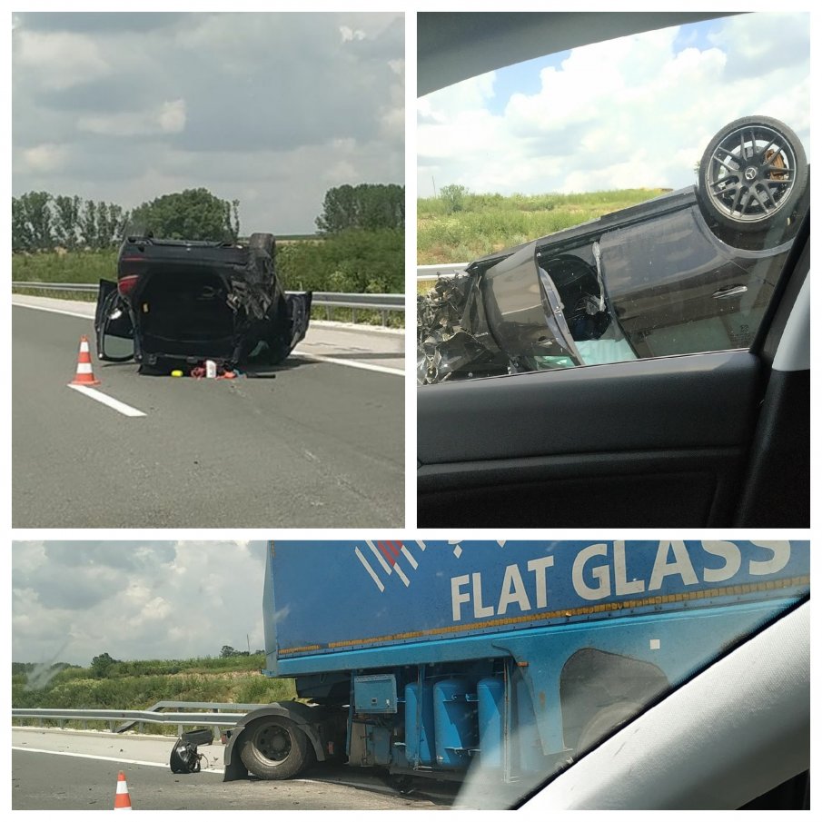 ИЗВЪНРЕДНО В ПИК: Зрелищна катастрофа затапи магистрала Хемус! Мощен Мерцедес е по таван след сблъсък с тежък камион (СНИМКИ)