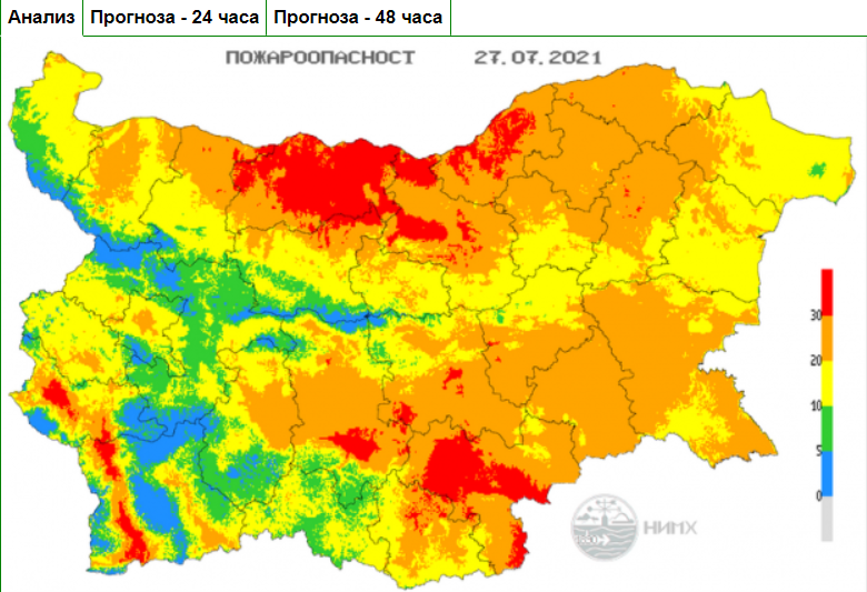 Екстремален индекс за пожароопасност в 15 области на страната
